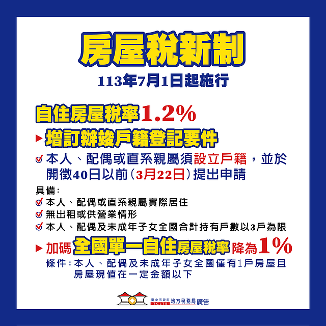 房屋稅新制自今年7月1日實施。圖／台中稅務局提供